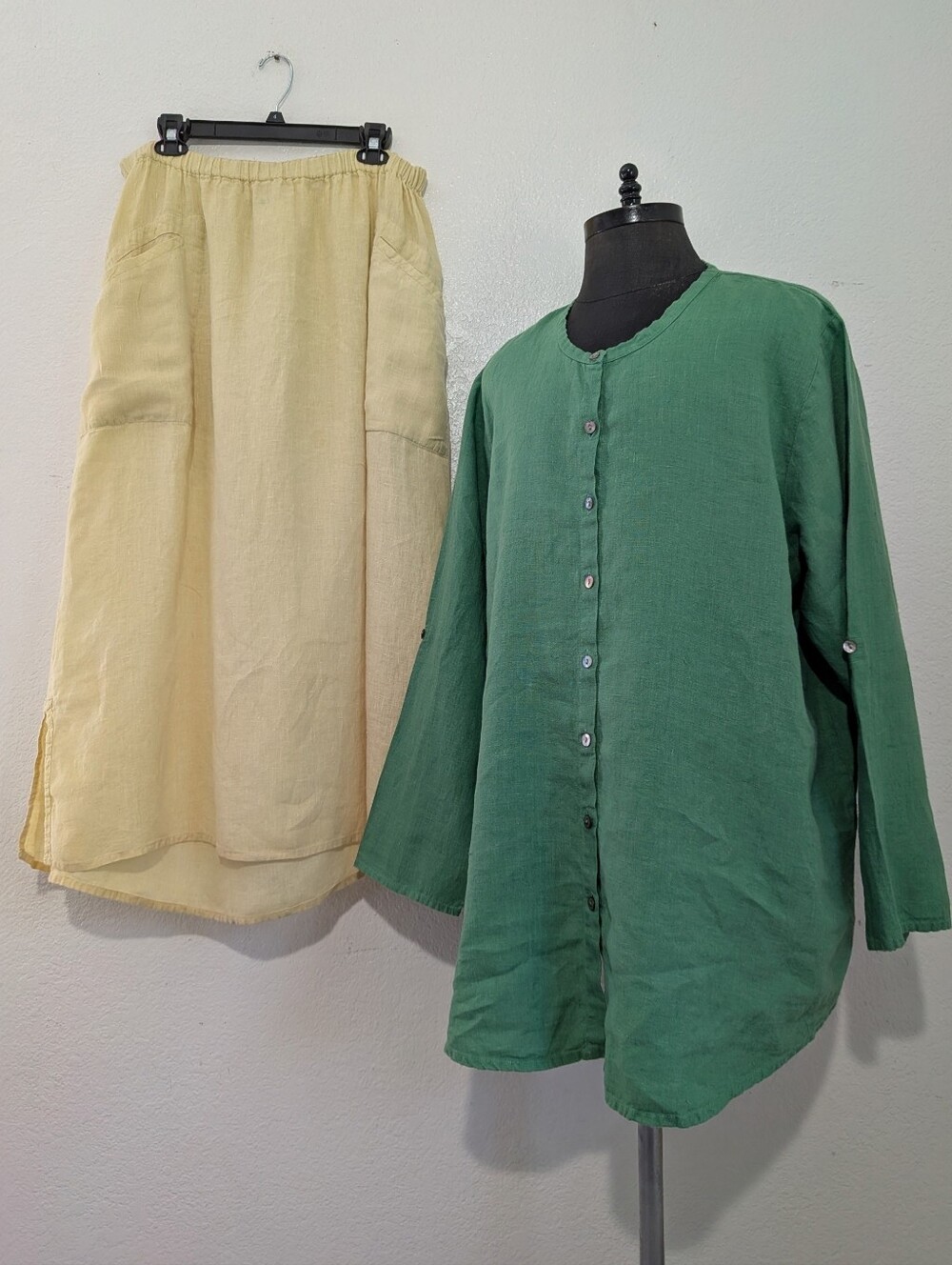 Flax Two Piece Light Yellow Linen Maxi Skirt Yellow Collarless Button Up Top 2X